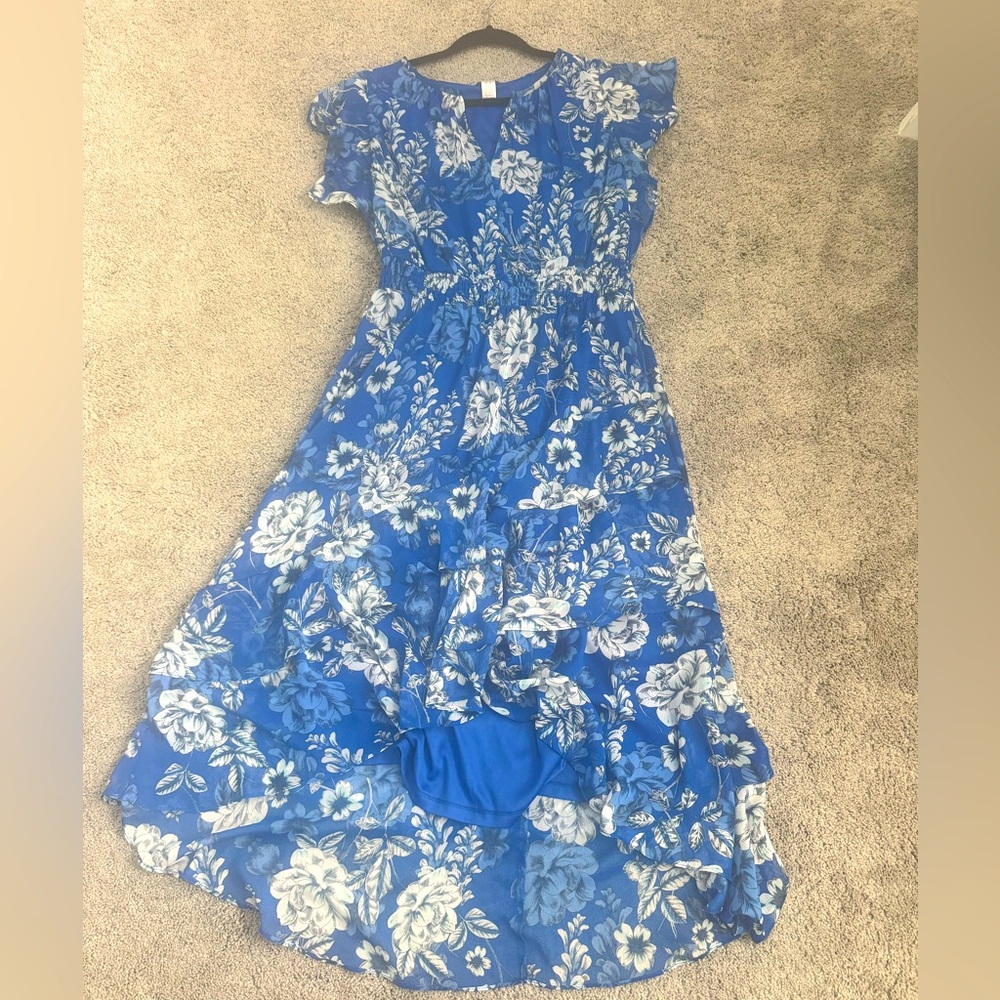 Floral Blue white London times ruffle dress maxi 8 flowers black a line royal